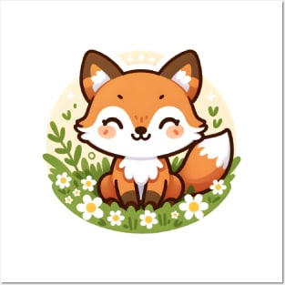 Cheerful Fox in Daisy Field - Whimsical Wildlife Art Posters and Art